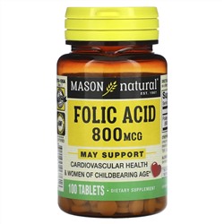 Mason Natural, фолиевая кислота, 800 мкг, 100 таблеток