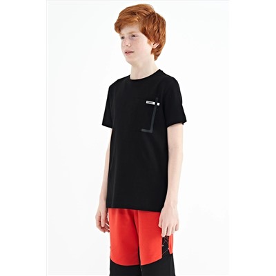 TOMMYLIFE Черная футболка стандартного кроя с круглым вырезом и карманами для мальчиков — 11120
