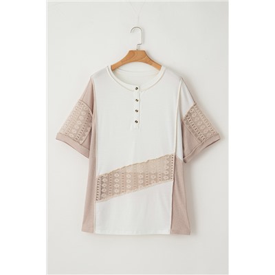 White Lace Splicing Ribbed Patchwork Short Sleeve Henley Top