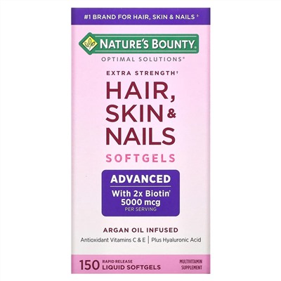Nature's Bounty, Optimal Solutions, средство с повышенной силой действия для здоровья волос, кожи и ногтей, 150 капсул с быстрым высвобождением