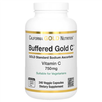 California Gold Nutrition, Gold C, GOLD Standard, буферизованный витамин C, аскорбат натрия, 750 мг, 240 растительных капсул