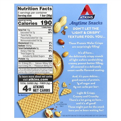 Atkins, Anytime Snacks, протеиновые вафли, с арахисовой пастой, 5 шт. по 36 г (1,27 унции)