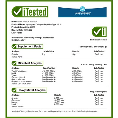 Lake Avenue Nutrition, пептиды гидролизованного коллагена типов I и III, без добавок, 460 г (1,01 фунта)