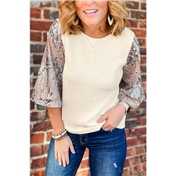 White Sequined Bell Sleeve Round Neck Blouse