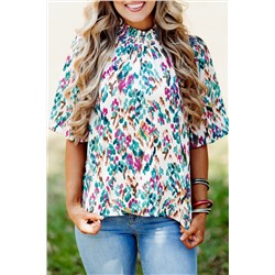 Light Blue Abstract Print Puff Sleeve Mock Neck Blouse
