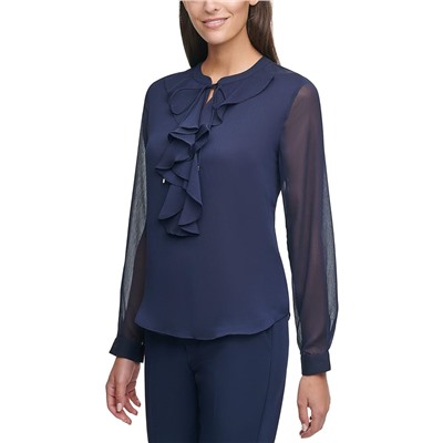 To*mmy Hil*figer Long Sleeve Ruffle Front Blouse