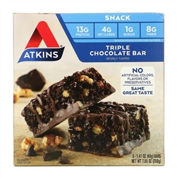 Atkins, Snack, Triple Chocolate Bar, 5 Bars, 1.41 oz (40 g) Each