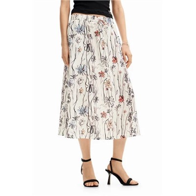 Illustrated floral midi skirt