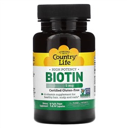 Country Life, High Potency Biotin, 5 mg, 120 Vegan Capsules