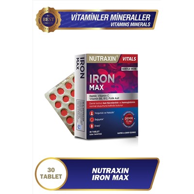 Nutraxin Iron Max 17 Mg 30 Tablet - Demir, C Vitamini, B6 Vitamini, Folik Asit, B12