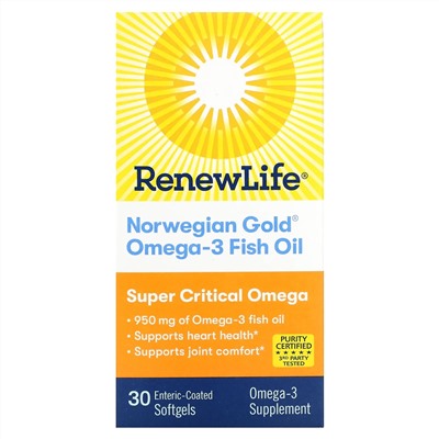 Renew Life, Рыбий жир с омега-3 Norwegian Gold, 1045 мг, 30 мягких таблеток с кишечнорастворимой оболочкой