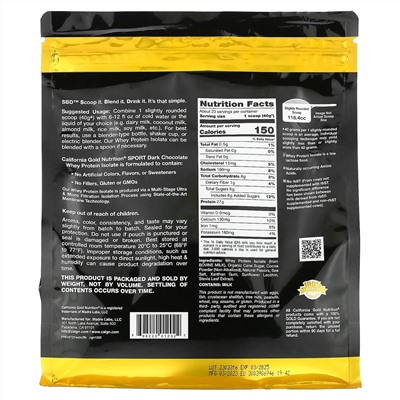 California Gold Nutrition, Sport, изолят сывороточного протеина из темного шоколада, 907 г (2 фунта)