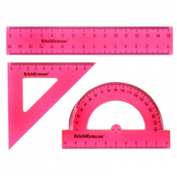 Набор чертежный 3 предмета, малый, (линейка 15 см, треуг, трансп), с блестками, пластик тонированный, цвет розовый Glitter Erich Krause 55537