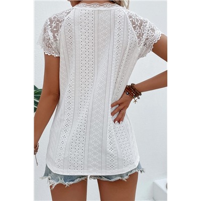 White Sheer Lace Short Sleeves Eyelet Embroidered Tee