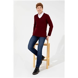 Мужской базовый трикотажный свитер бордового цвета с v-образным вырезом Неожиданная скидка в корзине