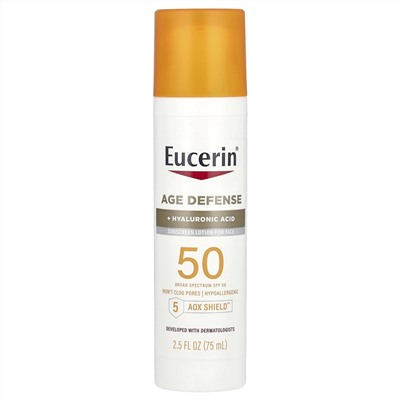 Eucerin, Age Defense, легкий солнцезащитный лосьон для лица, SPF 50, без отдушек, 75 мл (2,5 жидк. Унции)