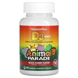 NaturesPlus, Source of Life, Animal Parade, витамин D3, без сахара, с натуральным вкусом черешни, 12,5 мкг (500 МЕ), 90 таблеток в форме животных