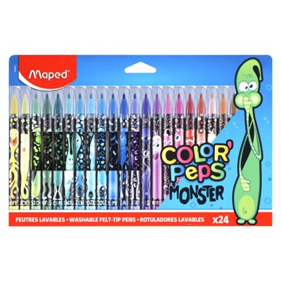 Фломастеры 24 цвета, корпус круглый, конический, смываемые, колпачок вентилируемый Color'peps Monster Maped 845401