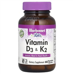 Bluebonnet Nutrition, витамины D3 и K2, 60 вегетарианских капсул