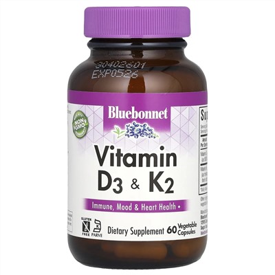 Bluebonnet Nutrition, витамины D3 и K2, 60 вегетарианских капсул