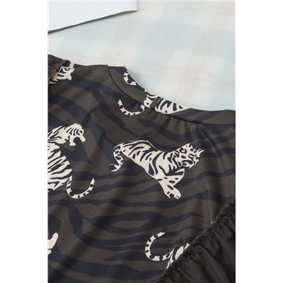 Black Stylish Animal Print Ruffle Sleeve Top