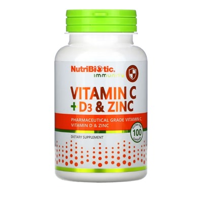 NutriBiotic, Immunity, витамины C + D3 и цинк, 100 капсул