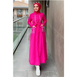 TOFİSA Простое женское платье среднего размера с вышивкой цвета фуксии - 3531