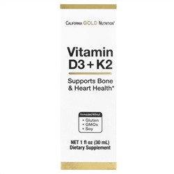 California Gold Nutrition, витамины D3 и K2, 25 мкг (1000 МЕ), 30 мл (1 жидк. унция)