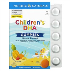 Нордик Натуралс, Детские жевательные мармеладки с ДГК, для детей 2–6 лет, тропический пунш, 600 мг, 30 жевательных таблеток