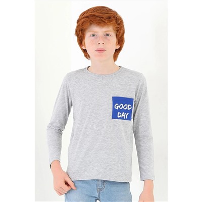 Серая футболка Zepkids для мальчиков с принтом Good Day, длинными рукавами и передним карманом