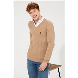 Мужской базовый трикотажный свитер светло-коричневого цвета с v-образным вырезом и меланжевым принтом Неожиданная скидка в корзине
