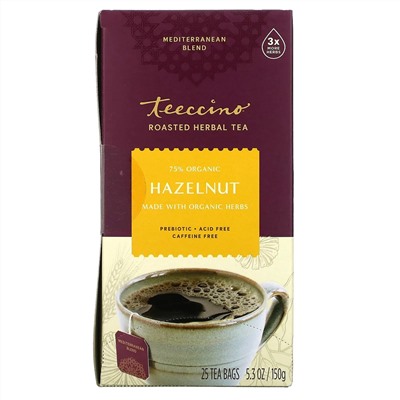 Teeccino, чай из обжаренных трав, вкус лесного ореха, без кофеина, 25 чайных пакетиков, 150 г (5,3 унции)