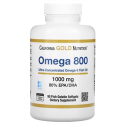 California Gold Nutrition, омега 800, рыбий жир, 80% ЭПК/ДГК, в форме триглицеридов, 1000 мг, 90 капсул из рыбьего желатина