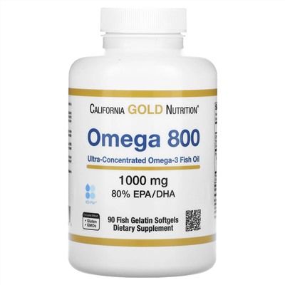 California Gold Nutrition, омега 800, рыбий жир, 80% ЭПК/ДГК, в форме триглицеридов, 1000 мг, 90 капсул из рыбьего желатина