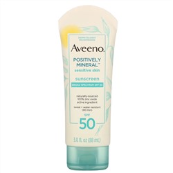 Aveeno, Positively Mineral, солнцезащитное средство для чувствительной кожи, SPF 50, 88 мл (3,0 жидк. унции)