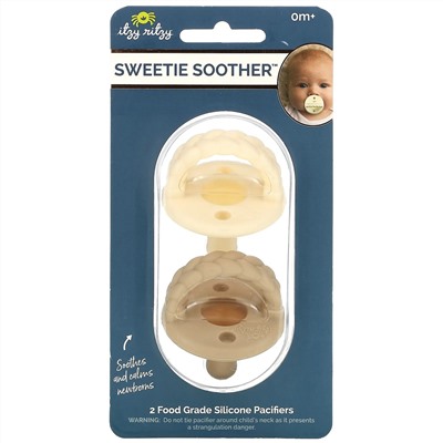 itzy ritzy, Sweetie Soother, пищевые силиконовые пустышки, от 0 месяцев, кремово-коричневая оплетка, 2 пустышки