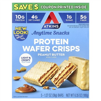 Atkins, Anytime Snacks, протеиновые вафли, с арахисовой пастой, 5 шт. по 36 г (1,27 унции)