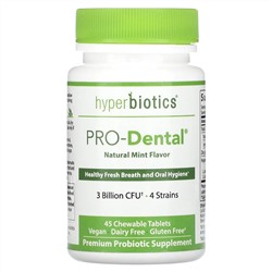 Hyperbiotics, PRO-Dental, пищевая добавка для здоровья полости рта, натуральная мята, 3 млрд КОЕ, 45 жевательных таблеток