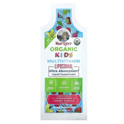 MaryRuth's, Organic Kids, липосомальные мультивитамины, для детей от 4 до 13 лет, клубника, вишня, ваниль, 14 пакетиков по 15 мл (0,5 жидк. унции)