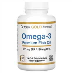 California Gold Nutrition, рыбий жир омега-3 премиального качества, 2000 мг, 100 капсул из рыбьего желатина (180 ЭПК / 120 ДГК в 1 капсуле)