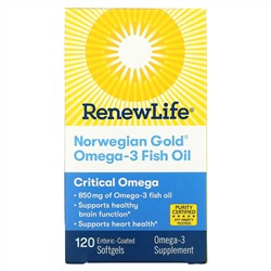 Renew Life, Рыбий жир с омега-3 Norwegian Gold, 850 мг, 120 капсул с кишечнорастворимой оболочкой