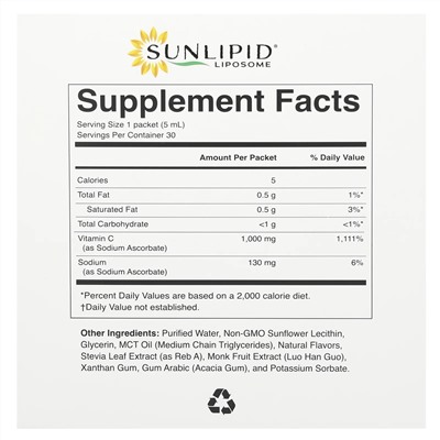 Sunlipid, липосомальный витамин C с маслом MCT, 30 пакетиков по 5 мл (0,17 жидк. унции)