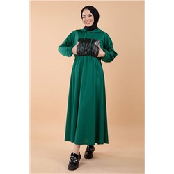 TOFİSA Женское зеленое кожаное платье с карманами и простым воротником с капюшоном - 23862