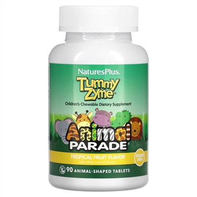 NaturesPlus, Source of Life, Animal Parade, Tummy Zyme с активными ферментами, цельными продуктами и пробиотиками, натуральный вкус тропических фруктов, 90 таблеток в форме животных