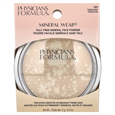 Physicians Formula, Mineral Wear, минеральная пудра для лица, без талька, тон 3835 полупрозрачный, 9 г (0,3 унции)