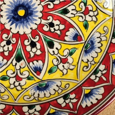 Тарелка Риштанская Керамика "Кора Калам",  23 см, красно-жёлтый, узоры микс
