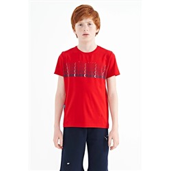 TOMMYLIFE Красная футболка стандартного кроя с круглым вырезом и текстовым принтом для мальчиков — 11149