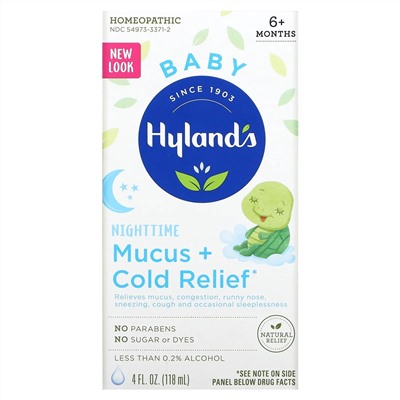 Hyland's Naturals, Для детей, средство для снятия слизи и простуды в ночное время, для детей от 6 месяцев, 118 мл (4 жидк. Унции)