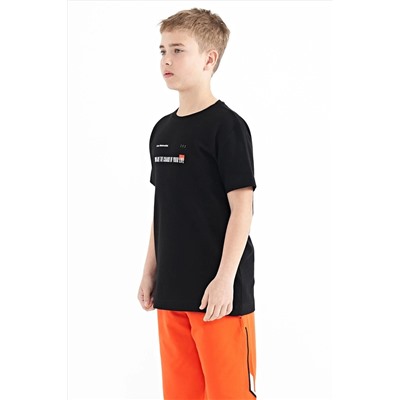 TOMMYLIFE Черная футболка стандартного кроя с круглым вырезом и принтом для мальчиков — 11117