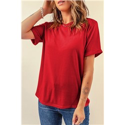 Red Casual Plain Crew Neck Tee